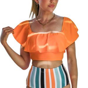 Cruise Orange Ruffled Top Stripes High Waist Bikini Swimwear Beach Swimming Suit